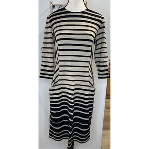J McLaughlin Sheath Dress Beige‎ Black Striped Crewneck 3/4 Sleeves Stretch Sz M